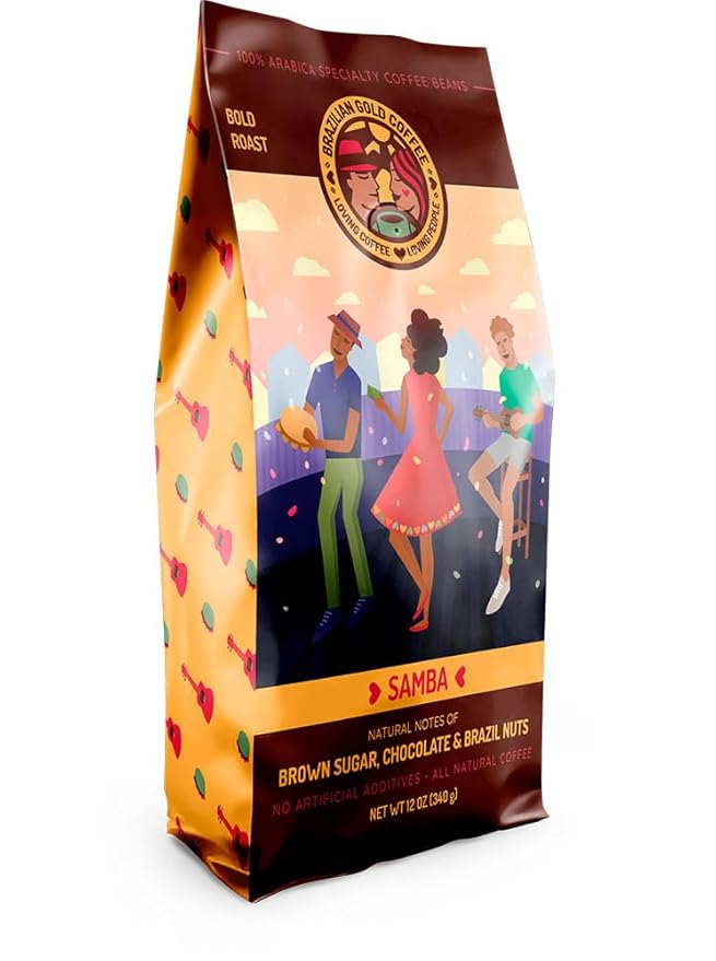 Brazilian Gold Coffee Samba Gourmet Brown Sugar Chocolate &amp Brazil Nuts Low Acidity 100% Arabica Coffee Bold Roast Ground 12 oz