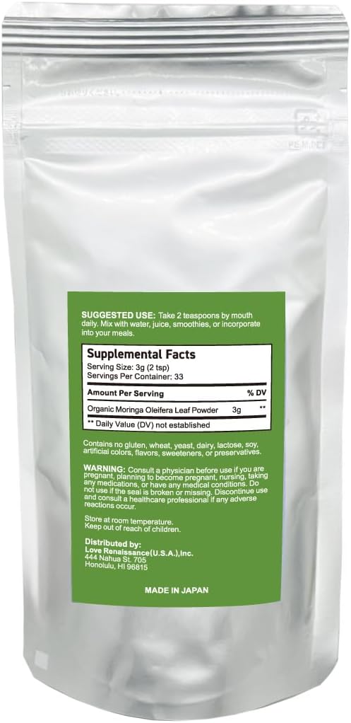 Organic Moringa Powder 100% Raw &amp Natural Non-GMO Superfood 30-Day Supply Made in Japan Rich in Antioxidants Vitamins &amp Amino Acids Vegan &amp Gluten-Free Great for Smoothies &amp Te