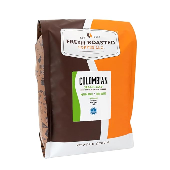 Fresh Roasted Coffee100% Colombian Water Half-Caf 5 lb (80 oz) Kosher Medium Roast Ground