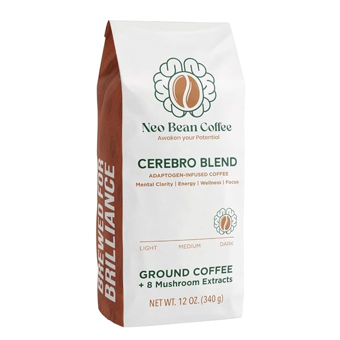 Neobean Cerebro Blend 12 oz Bag - Freshly Roasted Specialty Coffee with 8 Adaptogen Mushrooms - Mushroom Coffee