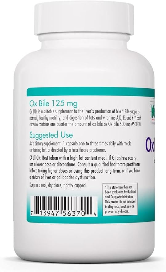 NutriCology Ox Bile 125 mg - Supports Fat Digestion - Delivers 125 mg Concentrated Bile Salts per Serving - Hypoallergenic &amp Vegetarian - 180 Servings - 180 Capsules