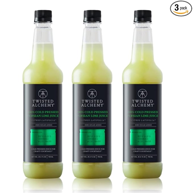 Twisted Alchemy Cold Pressed Fresh Juice For Craft Cocktails - Fresh All Natural Hand Squeezed Lime Juice Cocktail Mixer - (25 Oz Bottle Pack Of 3) - Preservative Free Non-GMO 100% Pure -