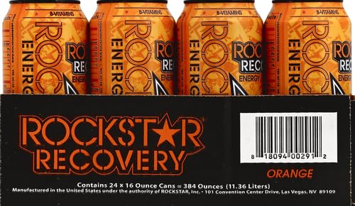 Rockstar Energy Drink Caffeine and Electrolytes (Packaging May Vary) Orange  Recovery Orange 16 Fl Oz (Pack of 24)