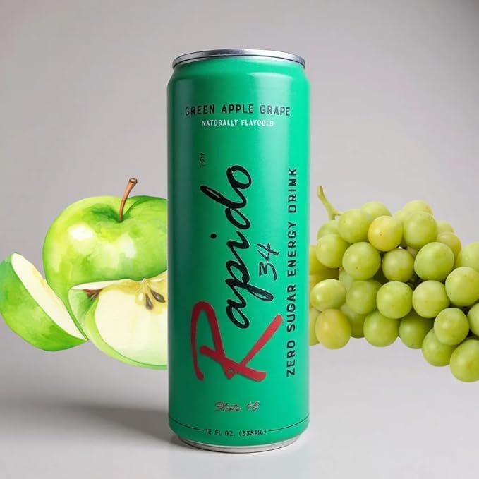 Rapido 34 Green Apple Grape Energy Drink Zero Sugar Zero Calories 150mg Caffeine 12-Pack