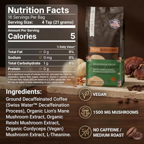 PureShrooms Decaf Mushroom Coffee | Single Origin Swiss Water Ground Infused with Organic Lion’s Mane Reishi &amp Cordyceps + L‑Theanine – Guatemala 12 oz Bag