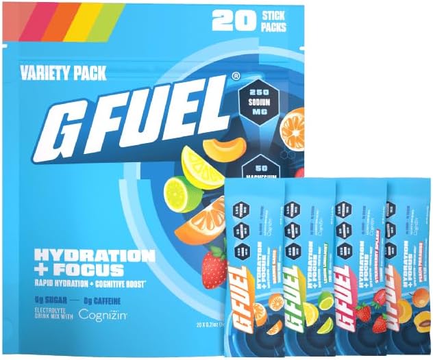 G Fuel Electrolytes Powder for Instant Hydration and Focus Sugar Free Electrolytes Variety Pack of Lemon Orange Peach Strawberry Flavors Nootropic Drink Mixes To Sharpen Mental Focus 20 Servings