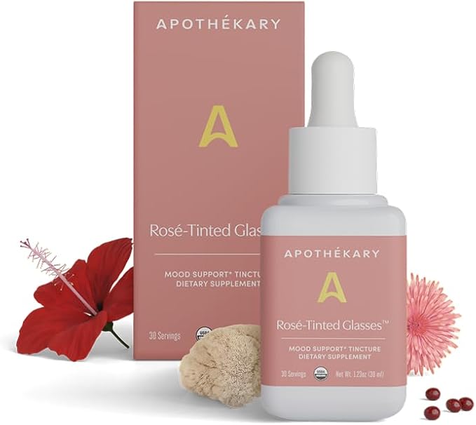 Apothékary Rosé-Tinted Glasses Supports a Balanced Mood &amp Focus Alcohol-Free Wine-Inspired Herbal Liquid Drops with Schisandra Berry &amp Lion's Mane Mushroom Certified Organic 1 fl oz 30 S