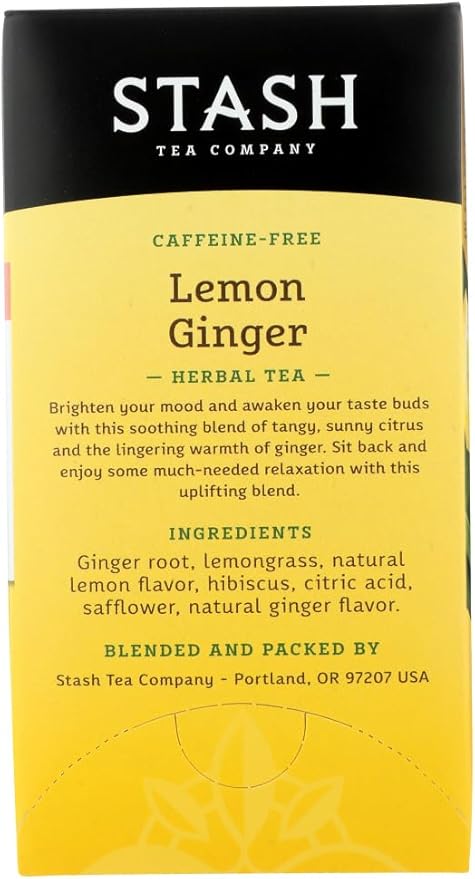 Stash Tea Company Lemon Ginger Herbal Tea 20 Count Tea Bags in Foil (Pack of 6)