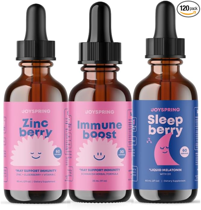 JoySpring Zinc with Vitamin C Supplements for Kids Immune Boost for a Supported Immune System and Melatonin Drops for Kids Sleep Support