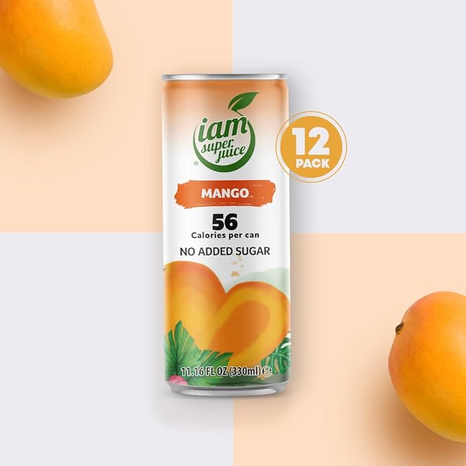 I am Superjuice Mango - Natural Fruit Juice Drink - Zero Added Sugar - Low in calories (56 per can) - 12 Pack x 11.16 FL OZ