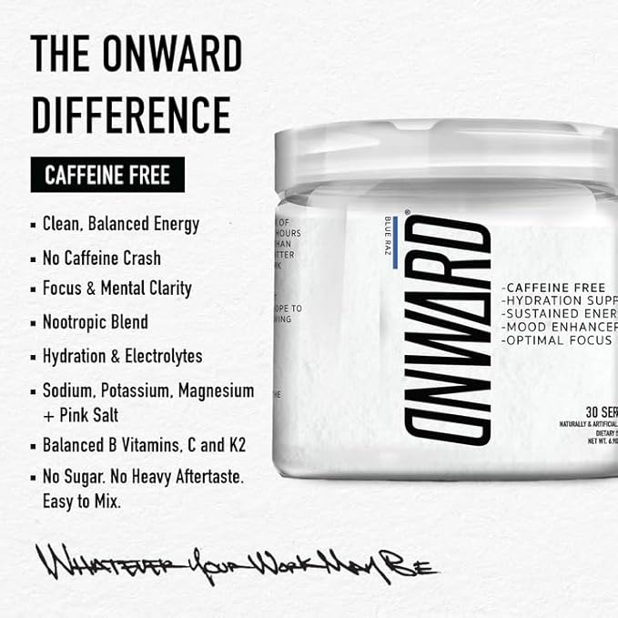 Onward Daily Performance Drink Mix – Clean Energy Focus &amp Hydration Support with Electrolytes Nootropics &amp Vitamins – No Sugar Smooth Taste - Caffeine Free - Blue Raz