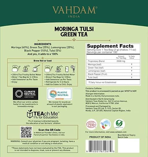 VAHDAM Tulsi Moringa Tea Bags (100 Count) Low Caffeine Non GMO &amp Gluten Free | High Grown Green Tea | Infused Moringa Lemongrass &amp Lemon Basil | Resealable Ziplock Pouch