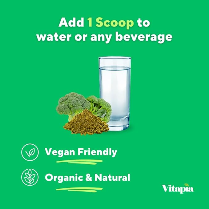 Vitapia Organic Broccoli Sprout Powder for Sulforaphane Antioxidant Brain Skin Heart Health Support - 100g Powder Supplement &amp 33 Day Supply - Non-GMO Gluten-Free Vegan-Friendly