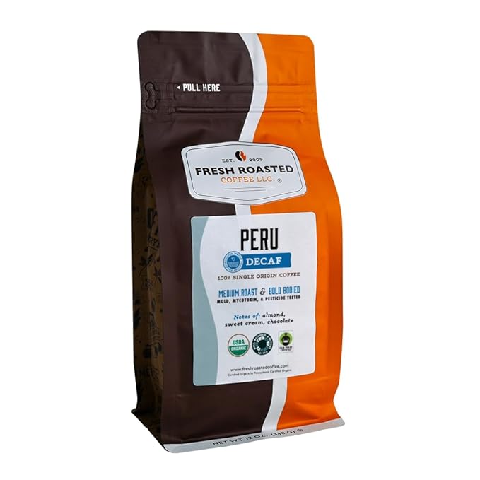 Fresh Roasted Coffee USDA Organic Peru Water-Processed Decaf | 3rd Party Tested for Pesticides Mold Mycotoxins Kosher | 100% Arabica Specialty Grade Med Roast 12 oz Whole Bean