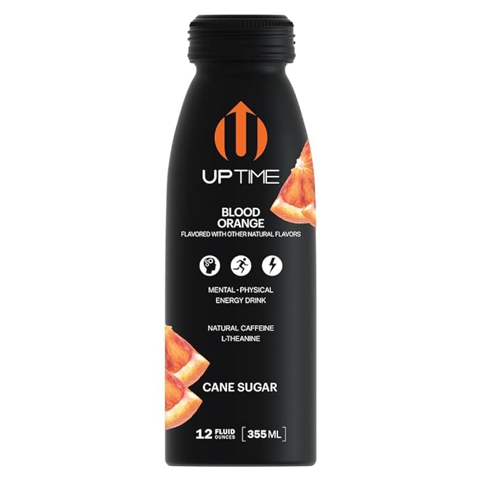 UPTIME Energy Drink Blood Orange Cane Sugar 12 Pack Vitamin C L Theanine Calcium Energy Drinks for Focus Support 142mg of Natural Caffeine per Serving Clean Natural Non GMO 12 fl oz Cans