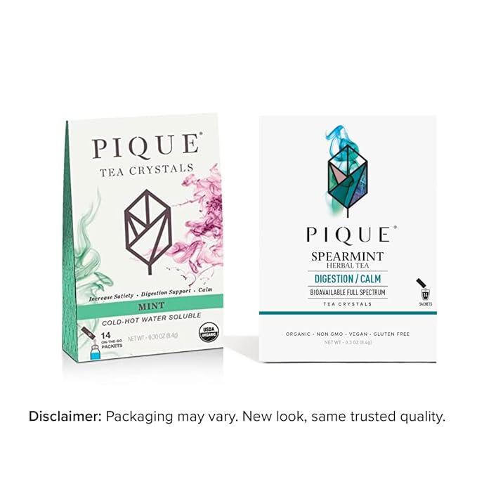 Pique Organic Mint Tea Crystals - Caffeine-Free Herbal Tea Supports Healthy Digestion and Promotes Satiety Refreshing Spearmint - 14 Single Serve Sticks (Pack of 1)