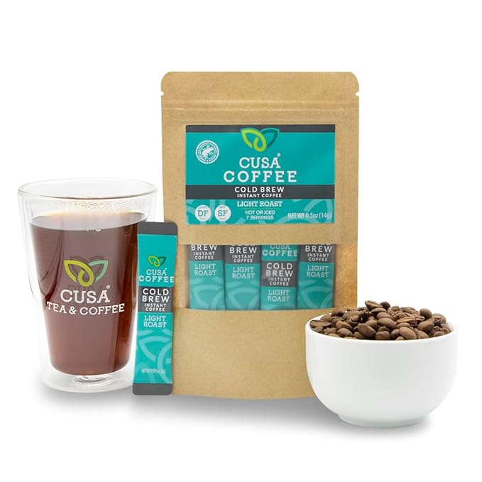 Cusa Tea &amp Coffee | Premium Instant Light Roast | Rainforest Alliance Certified Arabica Beans | Hot or Cold Brew Drink Mix Packets (7 Single Servings)