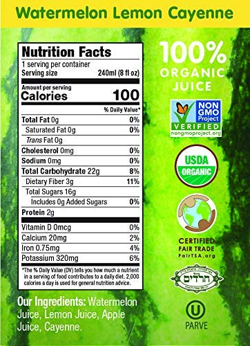 Wonder Melon Organic Watermelon Juice with Lemon &amp Cayenne 8.45oz (6 Pack) 100% Juice Cold Pressed