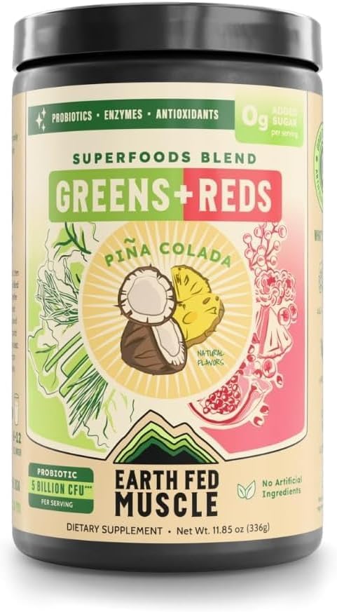 Earth Fed Muscle Superfoods Blend Reds &amp Greens Powder Piña Colada Flavor Juice &amp Smoothie Mix with Organic Kale Spirulina Wheat Grass - Detox &amp Cleanse No Added Sugar - Non-GMO - 30