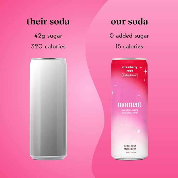 Moment Botanical Soda Soft Drink (Shark Tank) - SPARKLING Drinks | Strawberry Rose | L-Theanine &amp Ashwagandha for Calm &amp Clarity | 0 Added Sugar 0 Caffeine | 12-pack