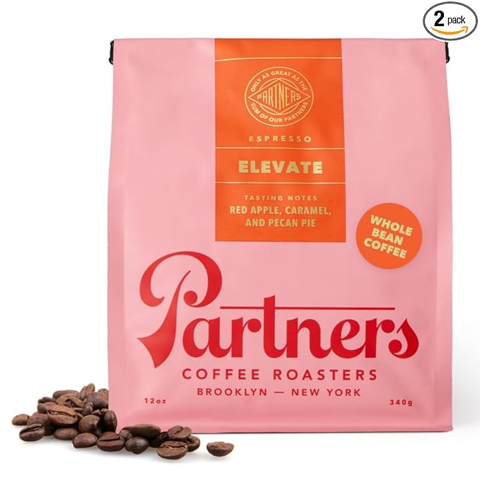 PARTNERS COFFEE ROASTERS - Whole Bean Coffee (Elevate - Espresso Medium Roast) 12oz (2 Pack) - Well-Balanced Espresso - Whole Coffee Beans - Lab Tested for Mycotoxins &amp Heavy Metals - Hand Roast