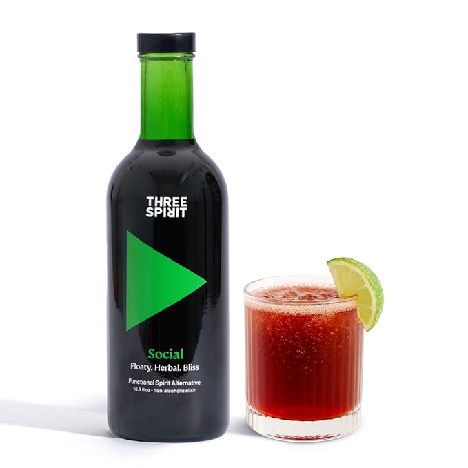 Three Spirit Non-Alcoholic Alternative Spirit - The Social 50cl | Adaptogens Cacao Damiana &amp Lion's Mane | Active Botanical Gluten Free &amp Vegan Drinks