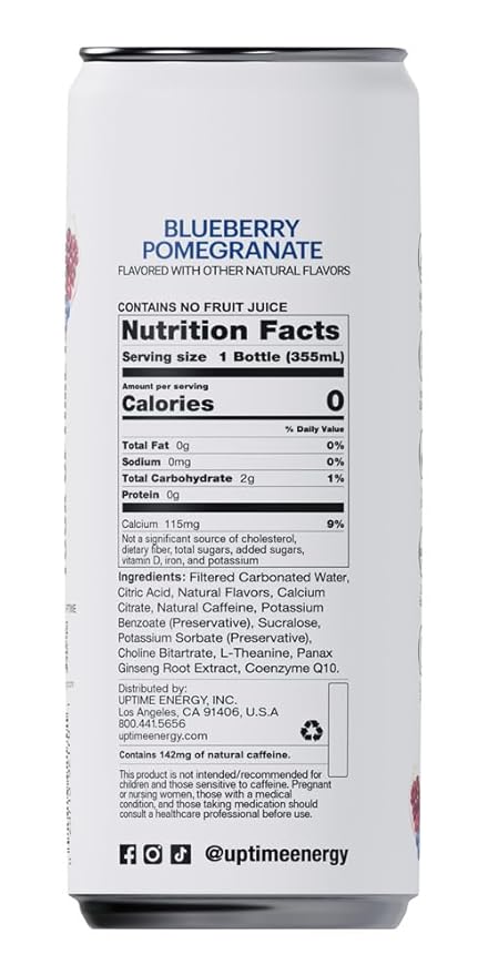 UPTIME Energy Drink Blueberry Pomegranate 12 Pack Vitamin C L Theanine Calcium Sugar Free Energy Drinks for Focus Support 142mg of Natural Caffeine 0 Calories Clean Natural 12 fl oz Cans