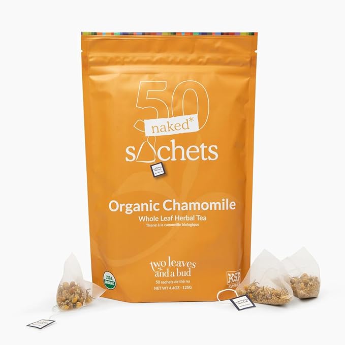 Two Leaves and a Bud Organic Chamomile - 50 Naked Tea Sachets Naturally Caffeine Free Whole Leaf Herbal Tea in Eco-Friendly Unwrapped Compostable Sachets Resealable Bag 50 Count (Pack of 1)