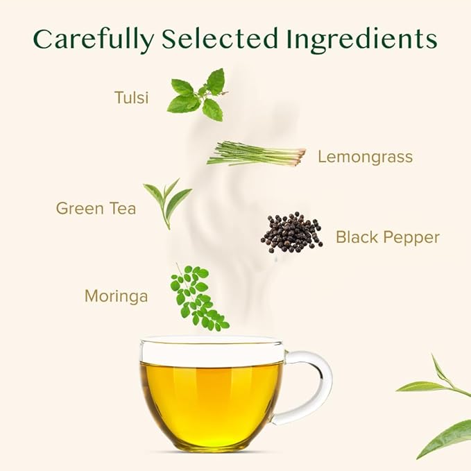 VAHDAM Tulsi Moringa Tea Bags (100 Count) Low Caffeine Non GMO &amp Gluten Free | High Grown Green Tea | Infused Moringa Lemongrass &amp Lemon Basil | Resealable Ziplock Pouch