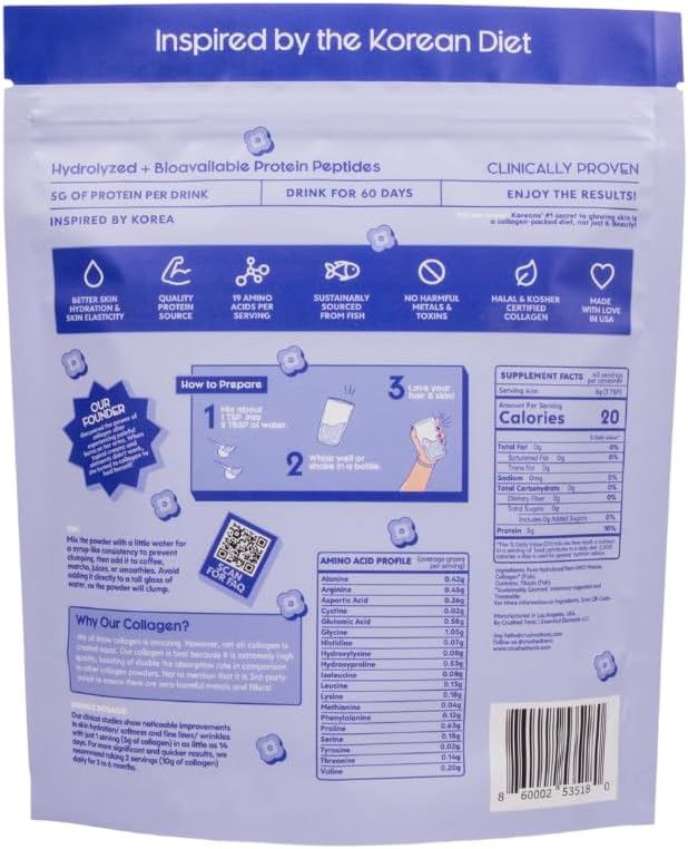 Crushed Tonic Marine Collagen Powder Korean Beauty Drink with Hydrolyzed Collagen Peptides for Skin Hair &amp Nails | Gluten-Free Halal &amp Kosher (Pure Unflavored 30 Servings (150 g) Pouch)