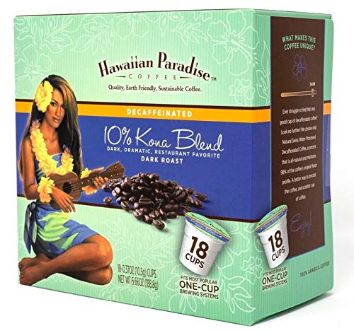 Hawaiian Paradise Coffee 10% Kona Dark Roast Decaffeinated -18 Count Single Serve Cups - Dark &amp Bold Flavor - Decaf - Compatible with Keurig K-Cup Brewers