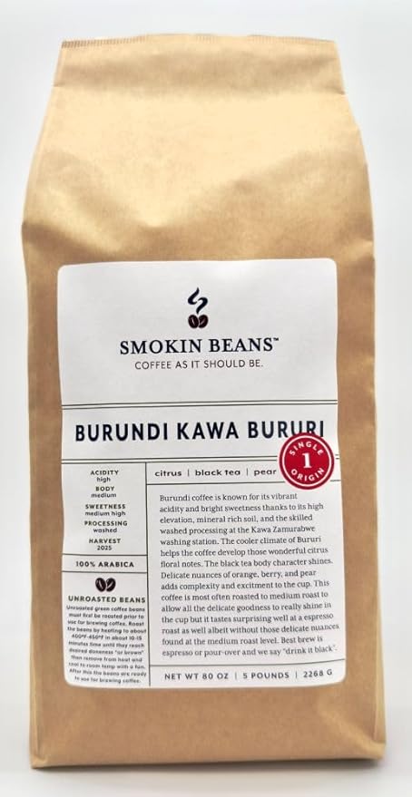 5-Pound Burundi Unroasted Green Arabica Coffee Beans Fresh Current Crop Specialty Grade Roast the Beans Yourself at Home on Your Roasting Equipment Prior to Using for Brewing Coffee