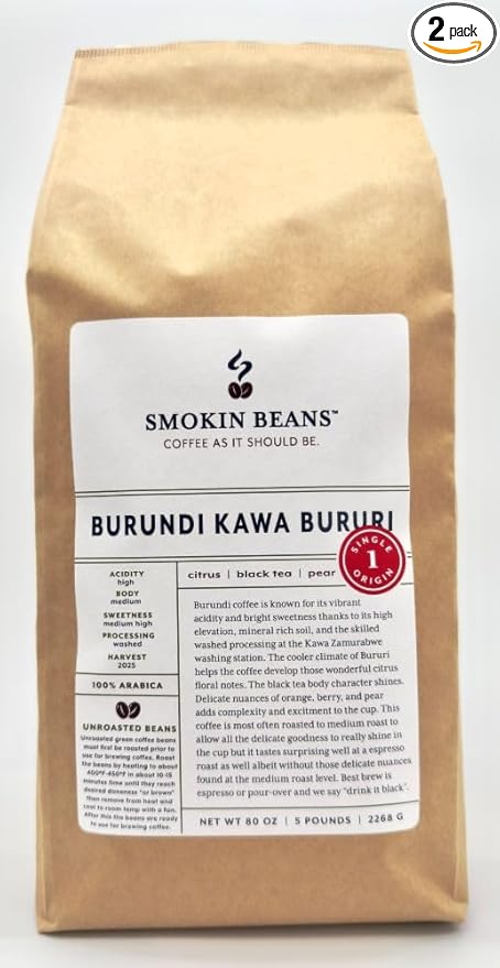 5-Pound Burundi Unroasted Green Arabica Coffee Beans Fresh Current Crop Specialty Grade Roast the Beans Yourself at Home on Your Roasting Equipment Prior to Using for Brewing Coffee