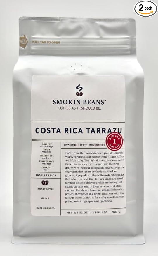 Smokin Beans 2-Pound Costa Rica Tarrazu Freshly Roasted Coffee Washed Processing Medium Roast Premium Whole Bean Specialty Coffee