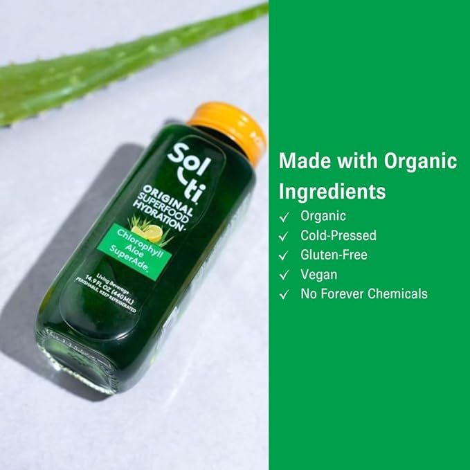 Organic SuperAde Hydration Drink Digestive and Skin Health SuperFood Lemonade by Sol-ti Cold-Pressed Chlorophyll Aloe and Lemon Juice Blend 16 Pack (14.9 Fl oz)