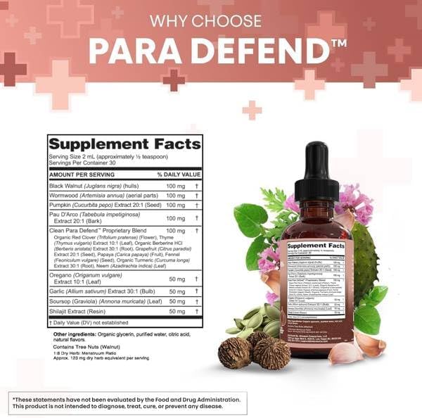 para Defend Wormwood Black Walnut Cleanse for Humans Drops Liquid Soursop Garlic Pumpkin Seed PAU D'Arco Oil of Oregano Turmeric Berberine Neem Extract Hull Bark Tincture by Clean Nutra