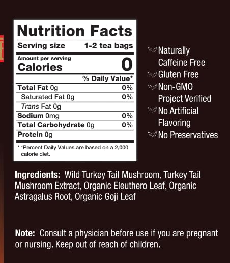 Bravo Tea Turkey Tail Mushroom Herbal Tea Caffeine Free 20 Tea Bags 6 count