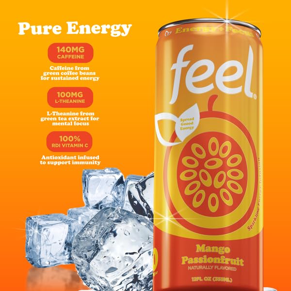 FEEL Zero Sugar Natural Energy Drink – Mango Passionfruit 140mg Plant-Based Caffeine with L-Theanine for Focus Vitamin C for Immunity Vegan Non-GMO No Artificial Sweeteners 12 Fl Oz Cans (12-Pac