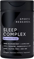 Sports Research® Sleep Complex- Melatonin-Free Vegan Capsules - with Valerian Root GABA L-Theanine Magnesium &amp 5-HTP - 30 Servings