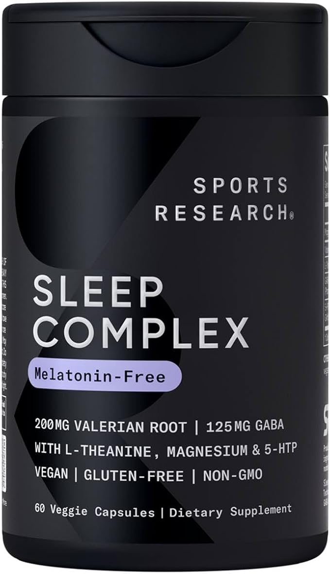 Sports Research® Sleep Complex- Melatonin-Free Vegan Capsules - with Valerian Root GABA L-Theanine Magnesium &amp 5-HTP - 30 Servings