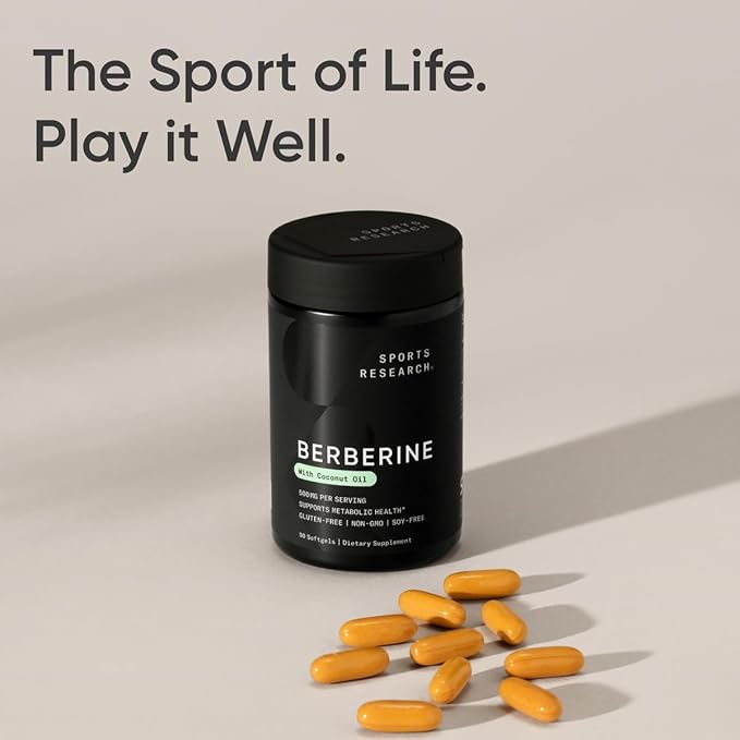 Sports Research Berberine Supplement with Coconut Oil - Herbal &amp Ayurvedic Metabolic Health Support - Berberine 500mg 90 Softgels - Gluten-Free Non-GMO Berberine Powder
