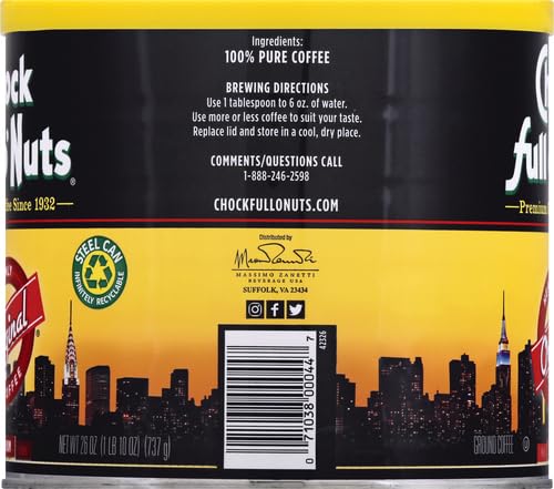 Chock Full o’Nuts Original Roast Ground Coffee Medium Roast – Coffee Beans – Smooth Full-Bodied Medium Blend with A Rich Flavor (26 Oz. Can) (Pack of 2)