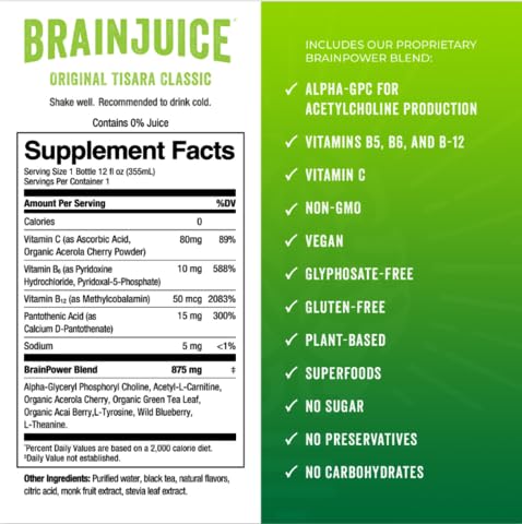 BrainJuice Variety Pack Daily Brain Supplement Drink with Vitamins Amino Acids &amp Natural Green Tea | Sugar-Free Vegan Gluten-Free Non-GMO 12 fl oz (4-Pack)