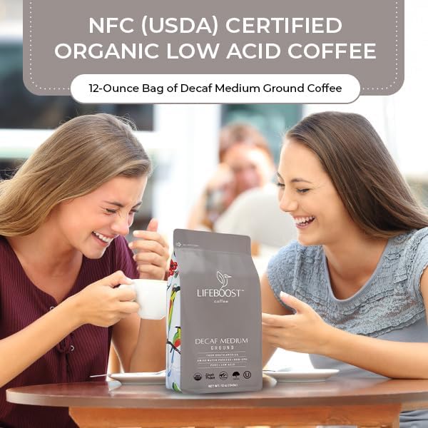 Lifeboost Medium Roast Swiss Water Decaf Coffee Ground - Non-GMO Low Acid Single Origin USDA Decaf Organic Coffee - Third Party Tested For Mycotoxins &amp Pesticides - 12 Ounces