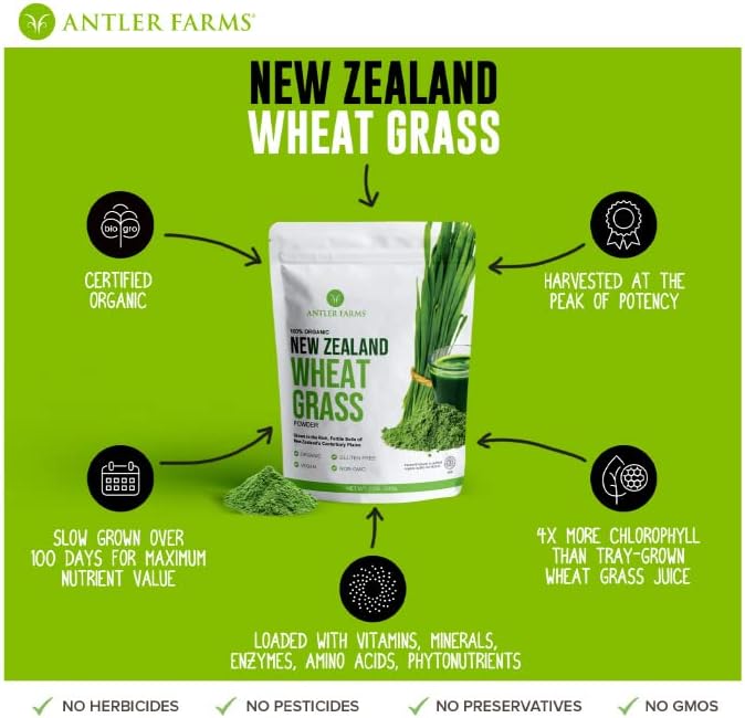Antler Farms - 100% Pure Organic New Zealand Wheatgrass Powder 40 Servings 200g - Raw Vegan Gluten Free Nutrient Rich High Chlorophyll Wheat Grass Detox Essential Amino Acids Minerals