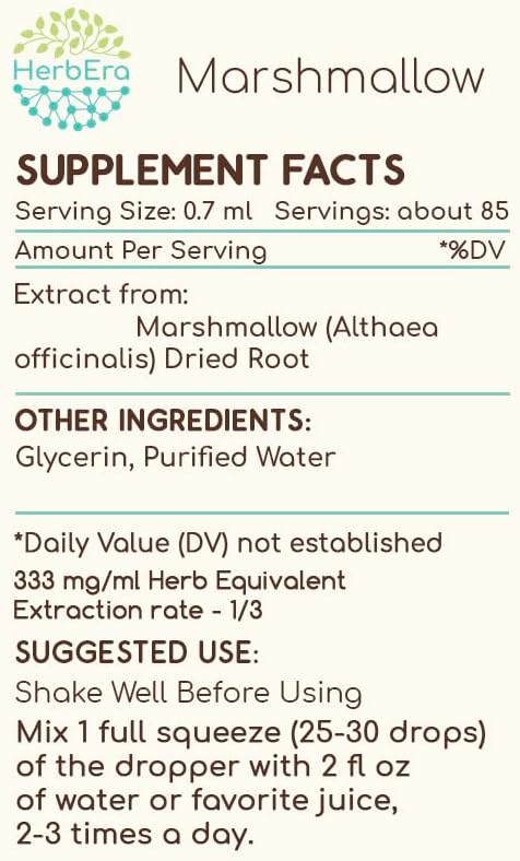 HerbEra Marshmallow B60 Alcohol-Free Herbal Extract Tincture Concentrated Liquid Drops Natural Marshmallow (Althaea Officinalis) (2 fl oz)