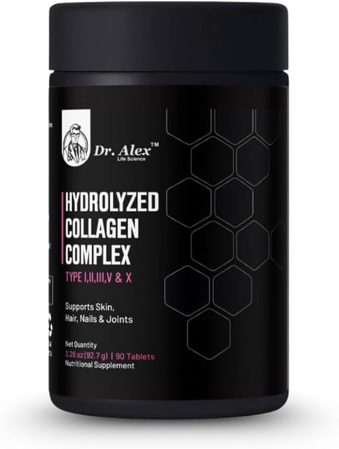 Dr. Alex Hydrolyzed Multi Collagen Supplement Tablets 1800mg (90 Tablets) - Type I II III V &amp X | Collagen Peptides Capsules for Women &amp Men | Skin Hair Nails &amp Joint Support