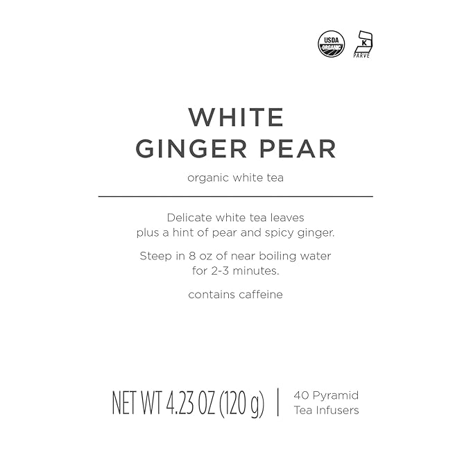Tea Forte White Ginger Pear Premium Organic Caffeinated White Tea Blend Event Box Bulk Pack 40 Count 10 per tray Individually Wrapped Handcrafted Pyramid Infusers