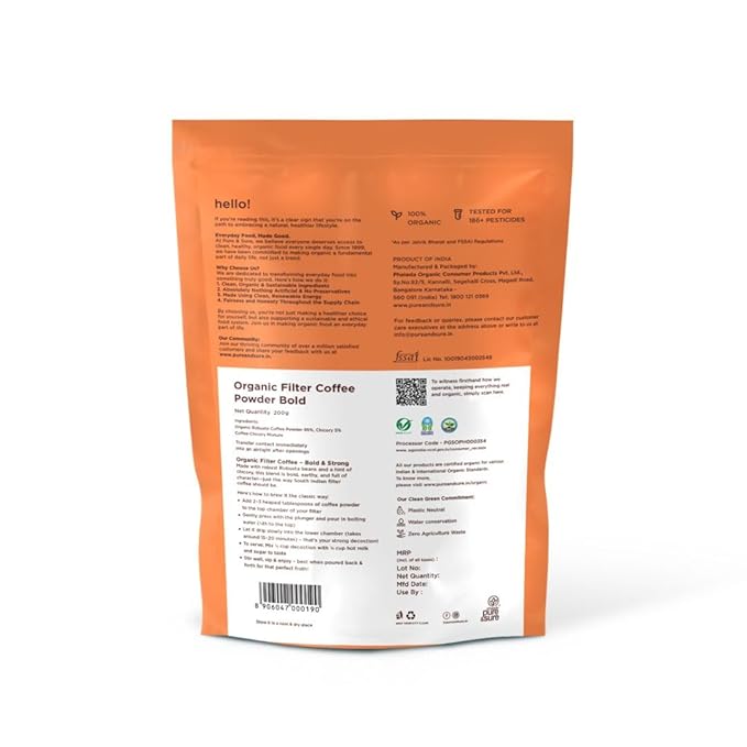 Pure &amp Sure Bold Organic Coffee Powder | Natural Ground Coffee Medium Roast | Robusta Coffee with Chicory | Ready to Use No Preservative Non-GMO | 200gm