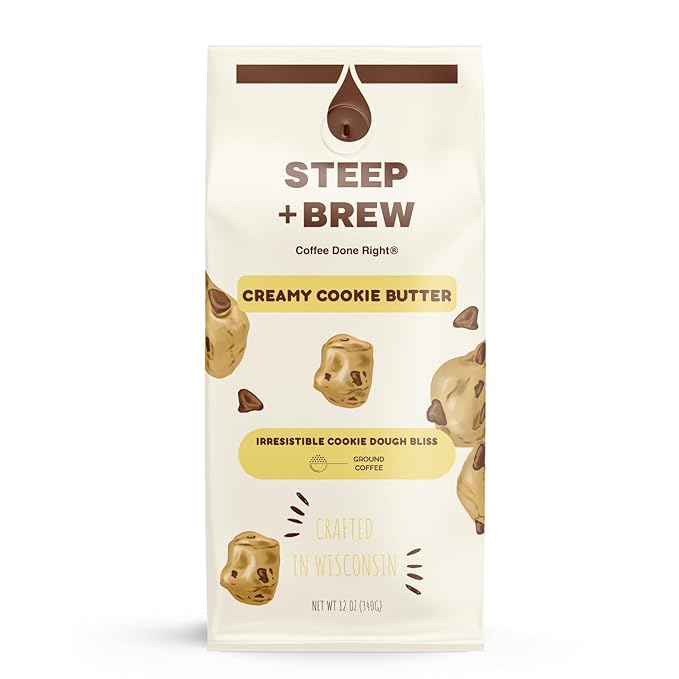 STEEP + BREW Creamy Cookie Butter Coffee | Premium Arabica Flavored Coffee | Ground | Light Roast | 10 oz | PACK OF 6